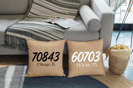 Personalized Zip Code Pillow, Zip Code Pillow, Custom Burlap Pillow, Custom Pillow Cases, Burlap Lumbar Pillow, Housewarming Gift, Farmhouse - Arria Home