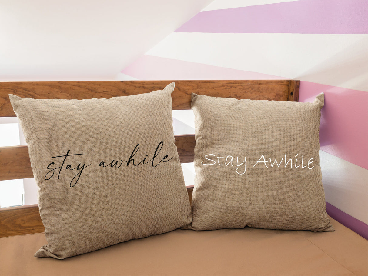 Stay Awhile Pillow, Outdoor Pillow, Farmhouse Pillow, Custom Burlap Pillow, Outside Pillow, Outdoor Pillow Covers, Porch Life Pillow - Arria Home