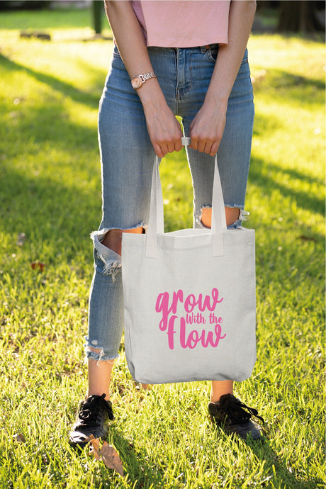 Canvas Tote Bag, Quote Tote Bag, Positive Saying Tote, Market Tote Bag, Grow With The Flow, Cute Tote Bag, Tote Bag With Quote - Arria Home