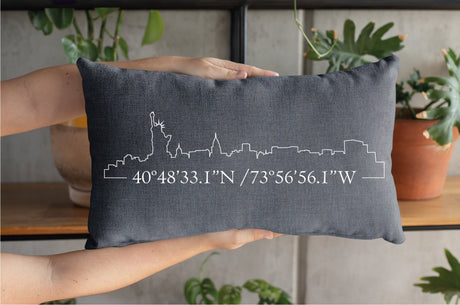 Personalized City Skyline Pillow, Coordinate Pillow, Home Pillow, House Warming Gift, Housewarming Pillow, New Home Pillow, Skyline Art - Arria Home