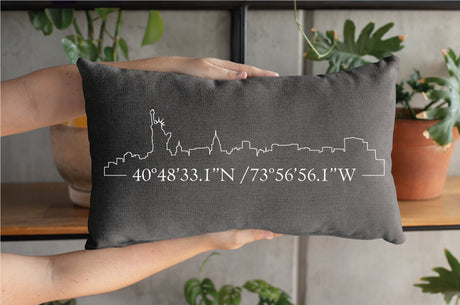 Personalized City Skyline Pillow, Coordinate Pillow, Home Pillow, House Warming Gift, Housewarming Pillow, New Home Pillow, Skyline Art - Arria Home