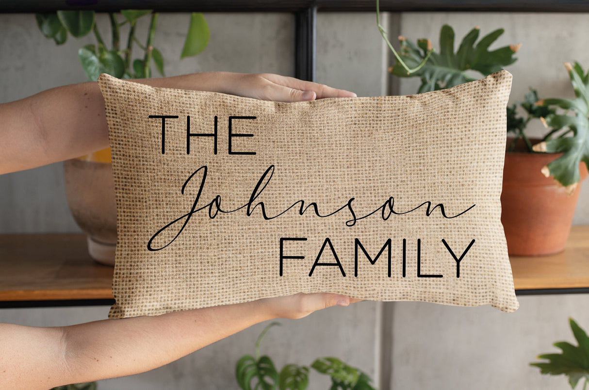 Last Name Pillow, Burlap Lumbar Pillow, Custom Burlap Pillow, Personalize Pillow, Family Gift, Housewarming Gift, Gift For Family, Farmhouse - Arria Home