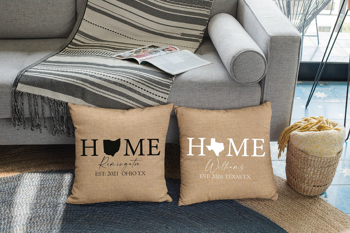 Home State Pillow, Custom Burlap Pillow, Housewarming Gift, Personalize Pillow, New Home Gift, Custom Pillowcase, Home Decor, Home Pillows - Arria Home