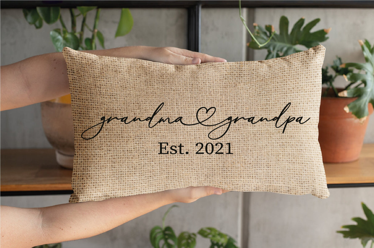 Baby Announcement Pillow, Grandma Pillow, New Grandparent Gift, Custom Burlap Pillow, Grandma And Grandpa Pillows, New Baby Gift - Arria Home