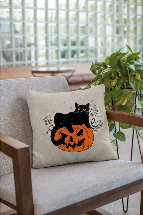 Black Cat Pumpkin Pillow, Halloween Pillow Cover, Halloween Decor, Spooky Pillow, Pumpkin Pillow, Black Cat Decor, Fall Decor, Throw Pillow - Arria Home