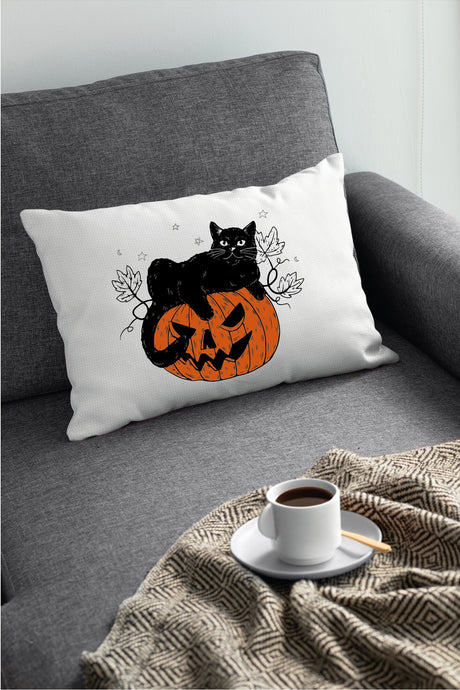 Black Cat Pumpkin Pillow, Halloween Pillow Cover, Halloween Decor, Spooky Pillow, Pumpkin Pillow, Black Cat Decor, Fall Decor, Throw Pillow - Arria Home