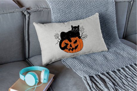 Black Cat Pumpkin Pillow, Halloween Pillow Cover, Halloween Decor, Spooky Pillow, Pumpkin Pillow, Black Cat Decor, Fall Decor, Throw Pillow - Arria Home