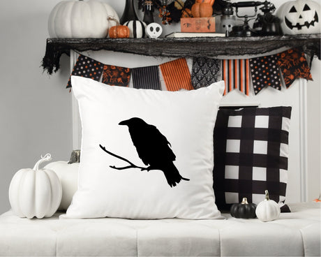 Raven Halloween Pillow, Raven Throw Pillow Cover, Halloween Decor, Spooky Decor, Fall Decor, Black Raven, Rustic, Farmhouse, Raven, Fall - Arria Home