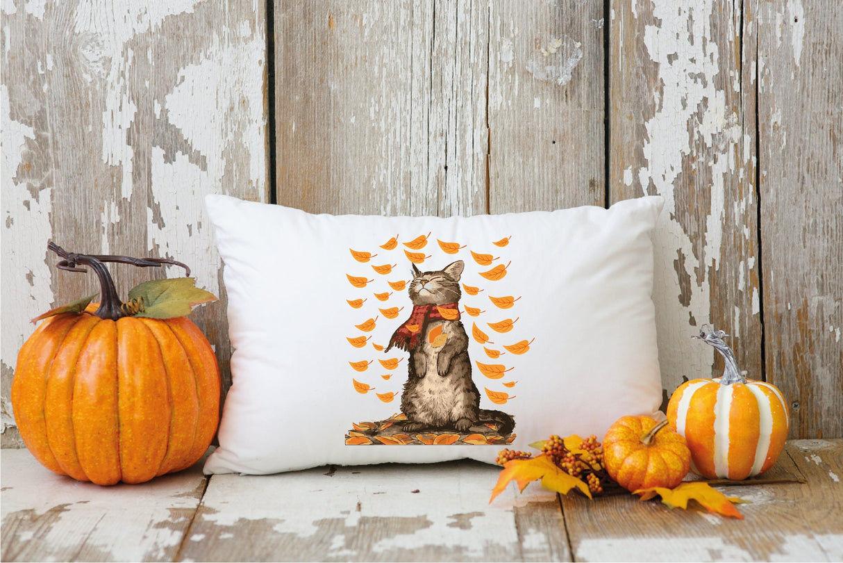 Fall Cat Pillow, Fall Leaves Decor, Autumn Decor, Cat Lover, Fall Throw Pillow, Fall Decor, Thanksgiving Decor, Fall Farmhouse Pillow, Gift - Arria Home