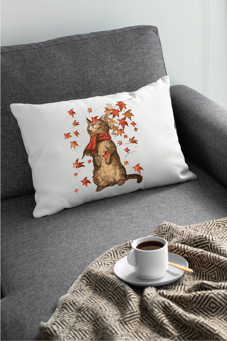 Fall Cat With Leaves Pillow, Watercolor Throw Pillow, Fall Cat Lover Decor, Autumn Decor, Farmhouse Pillow, Rustic Decor, Thanksgiving Gift - Arria Home