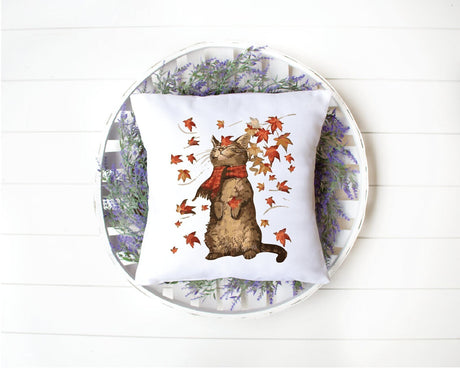 Fall Cat With Leaves Pillow, Watercolor Throw Pillow, Fall Cat Lover Decor, Autumn Decor, Farmhouse Pillow, Rustic Decor, Thanksgiving Gift - Arria Home