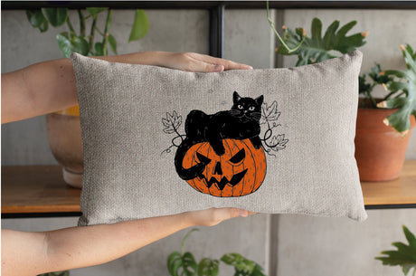 Black Cat Pumpkin Pillow, Halloween Pillow Cover, Halloween Decor, Spooky Pillow, Pumpkin Pillow, Black Cat Decor, Fall Decor, Throw Pillow - Arria Home