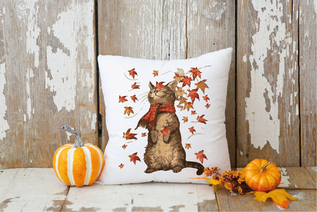 Fall Cat With Leaves Pillow, Watercolor Throw Pillow, Fall Cat Lover Decor, Autumn Decor, Farmhouse Pillow, Rustic Decor, Thanksgiving Gift - Arria Home