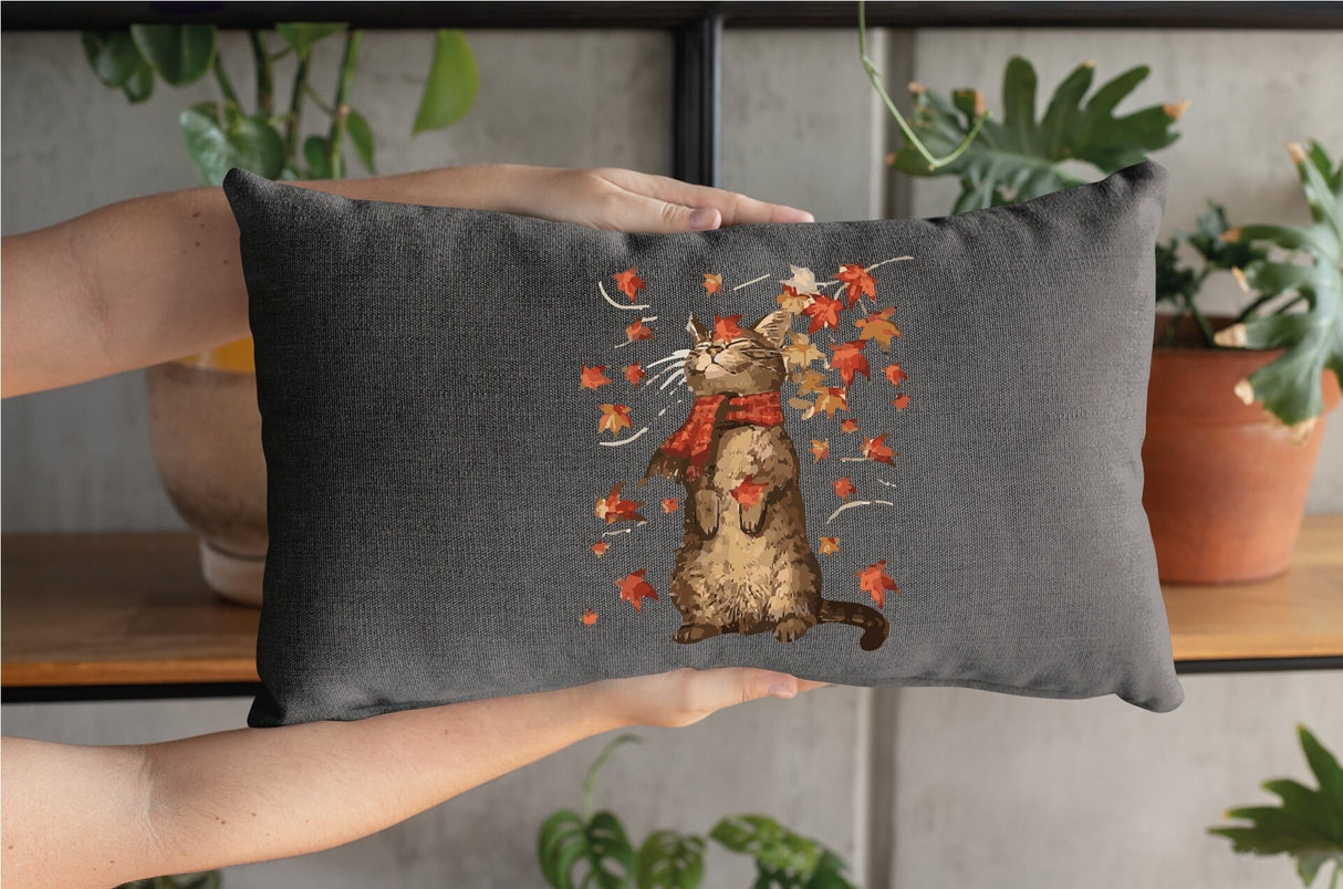 Fall Cat With Leaves Pillow, Watercolor Throw Pillow, Fall Cat Lover Decor, Autumn Decor, Farmhouse Pillow, Rustic Decor, Thanksgiving Gift - Arria Home