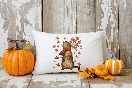 Fall Cat With Leaves Pillow, Watercolor Throw Pillow, Fall Cat Lover Decor, Autumn Decor, Farmhouse Pillow, Rustic Decor, Thanksgiving Gift - Arria Home