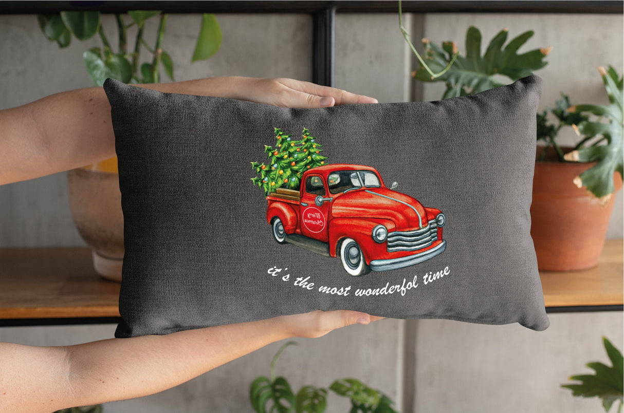 Christmas Red Truck Pillow, Christmas Pillow Cover, Christmas Decor, Christmas Cushion, Farmhouse Christmas, Rustic Home Decor, Tree Pillow - Arria Home