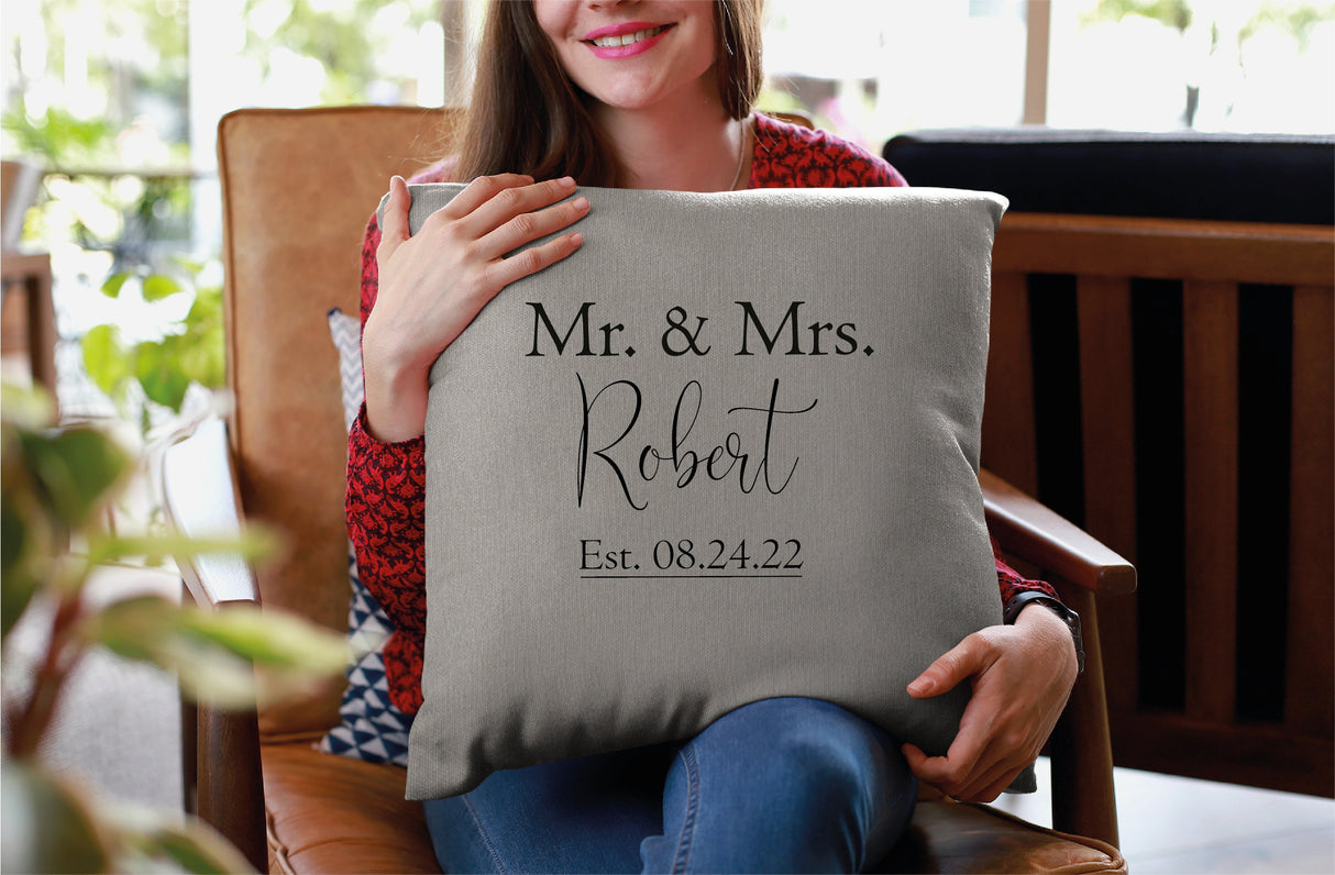 Custom Mr Mrs Couple Pillow, Personalize Last Name Pillow, Couple Lumbar Pillow, Anniversary Gift, Present for Wife, Gift for Her, Decor - Arria Home