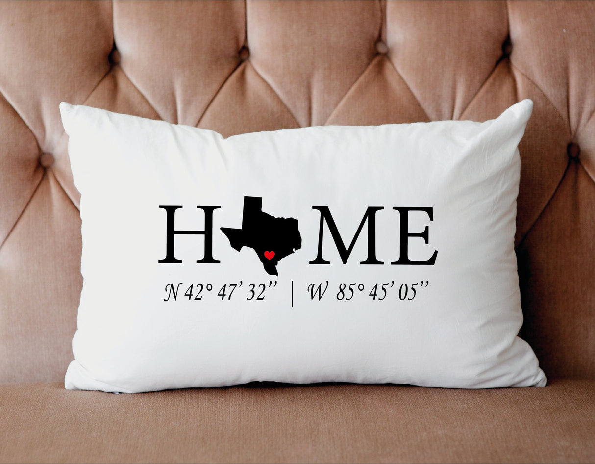 Personalized Latitude Longitude Pillow, Housewarming Gift, New Home Gift, Home State Pillow, Custom Lumbar Pillow, Our First Home Decor Gift - Arria Home