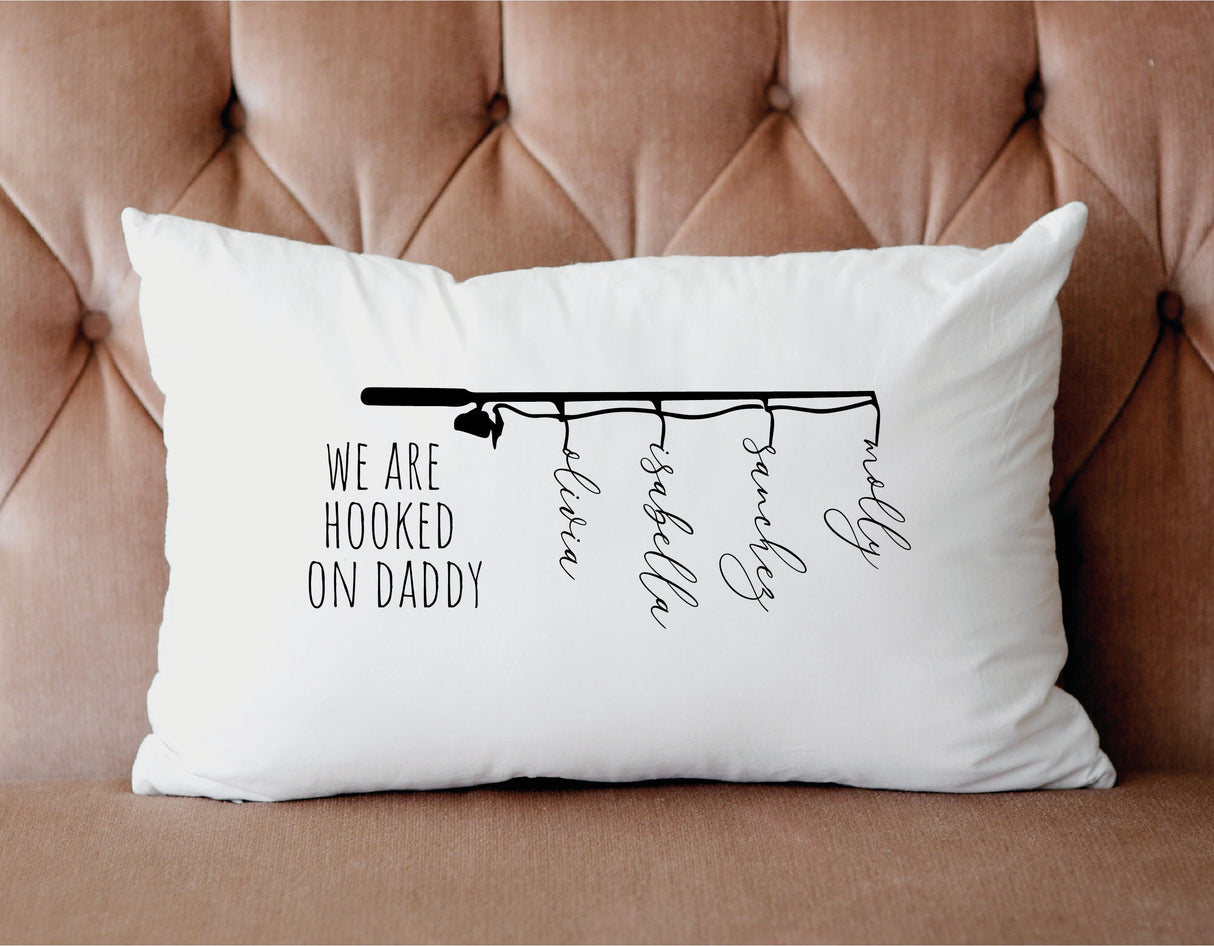 Personalized Hooked on Daddy Pillow, Fathers Day Gift, Fishing Decor, Family Pillow, Farmhouse Decor, Fisher Family Pillow, Fishing Gift - Arria Home