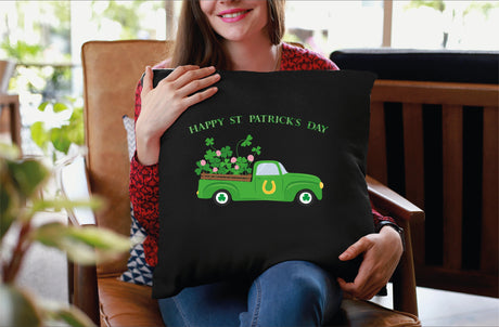 St Patricks Day Clover Track Decorative Pillow, St Patricks Day Decor, Shamrock Truck Pillow, Happy St Patricks Day Gift, Decorative Pillow - Arria Home