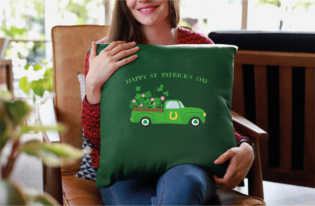 St Patricks Day Clover Track Decorative Pillow, St Patricks Day Decor, Shamrock Truck Pillow, Happy St Patricks Day Gift, Decorative Pillow - Arria Home