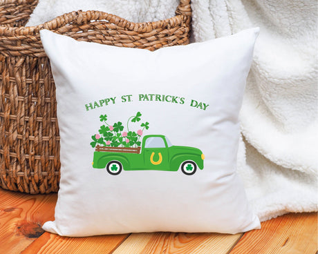 St Patricks Day Clover Track Decorative Pillow, St Patricks Day Decor, Shamrock Truck Pillow, Happy St Patricks Day Gift, Decorative Pillow - Arria Home