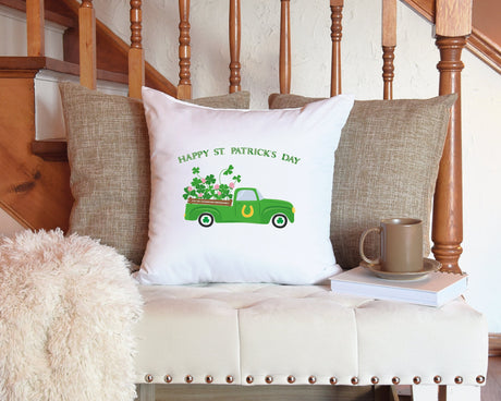 St Patricks Day Clover Track Decorative Pillow, St Patricks Day Decor, Shamrock Truck Pillow, Happy St Patricks Day Gift, Decorative Pillow - Arria Home