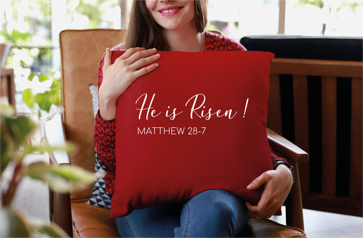 He is Risen Pillow, Easter Decor, Easter Pillow, Scripture Verse Pillow, Matthew 28-7, Decorative Pillow - Arria Home