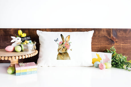 Easter Watercolor Bunny Pillow, Easter Decorations, Spring Bunny with Flowers Pillow, Easter Farmhouse Decor, Spring Decor, Easter Day Gift - Arria Home