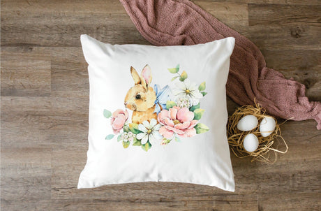 Easter Bunny Pillow, Easter Bunny Decorations, Bunny Flower Pillow, Watercolor Bunny with Flowers Pillow, Easter Day Gift, Holiday Decor - Arria Home