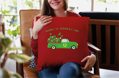 St Patricks Day Clover Track Decorative Pillow, St Patricks Day Decor, Shamrock Truck Pillow, Happy St Patricks Day Gift, Decorative Pillow - Arria Home