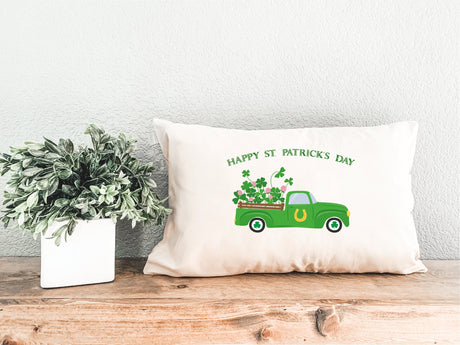 St Patricks Day Clover Track Decorative Pillow, St Patricks Day Decor, Shamrock Truck Pillow, Happy St Patricks Day Gift, Decorative Pillow - Arria Home