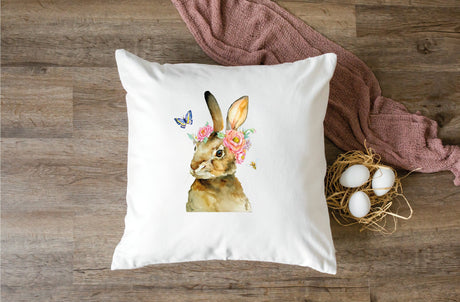 Easter Watercolor Bunny Pillow, Easter Decorations, Spring Bunny with Flowers Pillow, Easter Farmhouse Decor, Spring Decor, Easter Day Gift - Arria Home