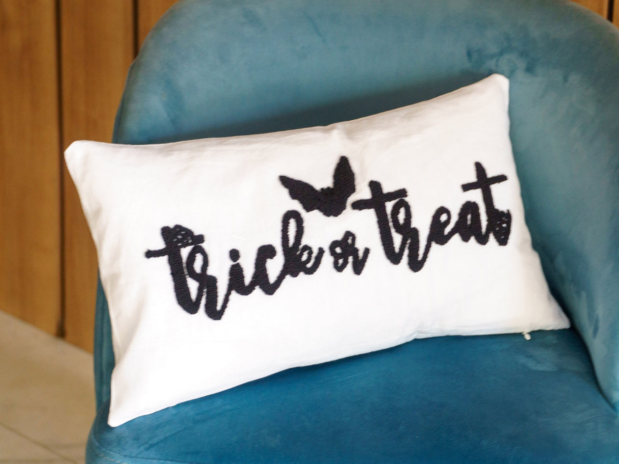 Trick or Treat Punch Needle Embroidered Pillow, Trick or Treat Decor, Halloween Decor, Halloween Lumbar Pillow, Personalized Halloween.