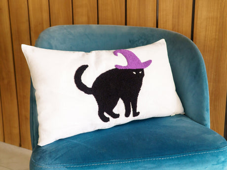 Embroidered Halloween Spooky Cat Pillow, Halloween Decor, Fall Decor, Autumn Decor, October Decor, Cat Pillow, Halloween Pillow, Fall Pillow - Arria Home