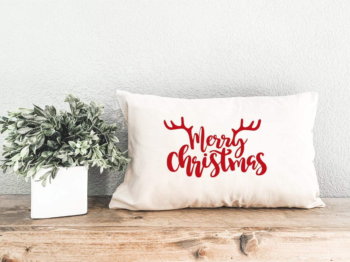 Merry Christmas Antler Pillow, Christmas Decor, Noel Cushion Cover, Xmas Lumbar Pillow, Christmas Gift, Farmhouse Decor, Accent Pillow - Arria Home