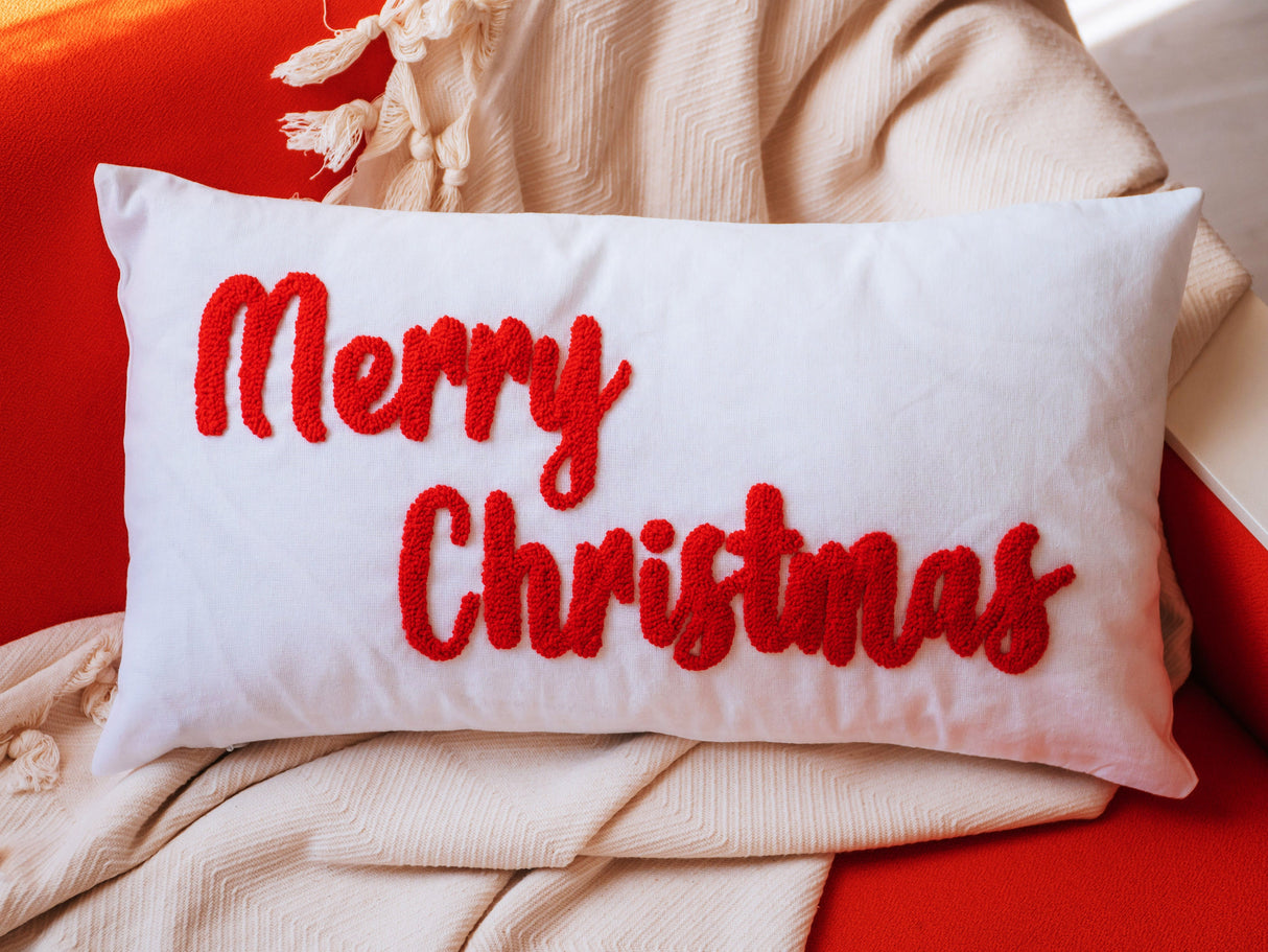 Merry Christmas Custom Embroidered Pillows, Christmas Ornaments, Christmas Decorations, Xmas Lumbar Pillow, Noel Throw Pillow, Punch Needle - Arria Home