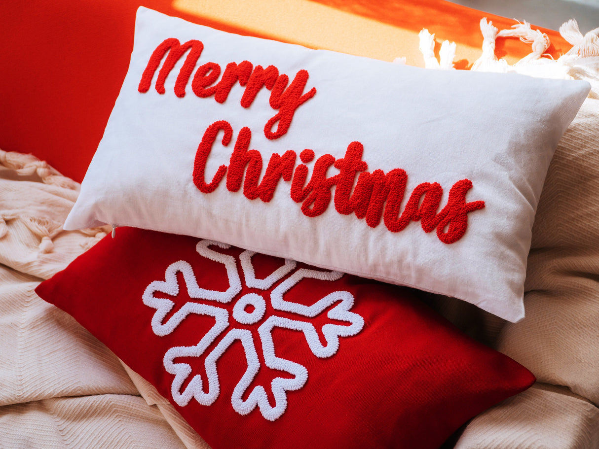 Christmas Stocking Embroidered Pillow, Christmas Accent Pillow, Farmhouse Decor, Merry Christmas, Snowflakes Pillow, Joy Wreath Pillow, Gift - Arria Home