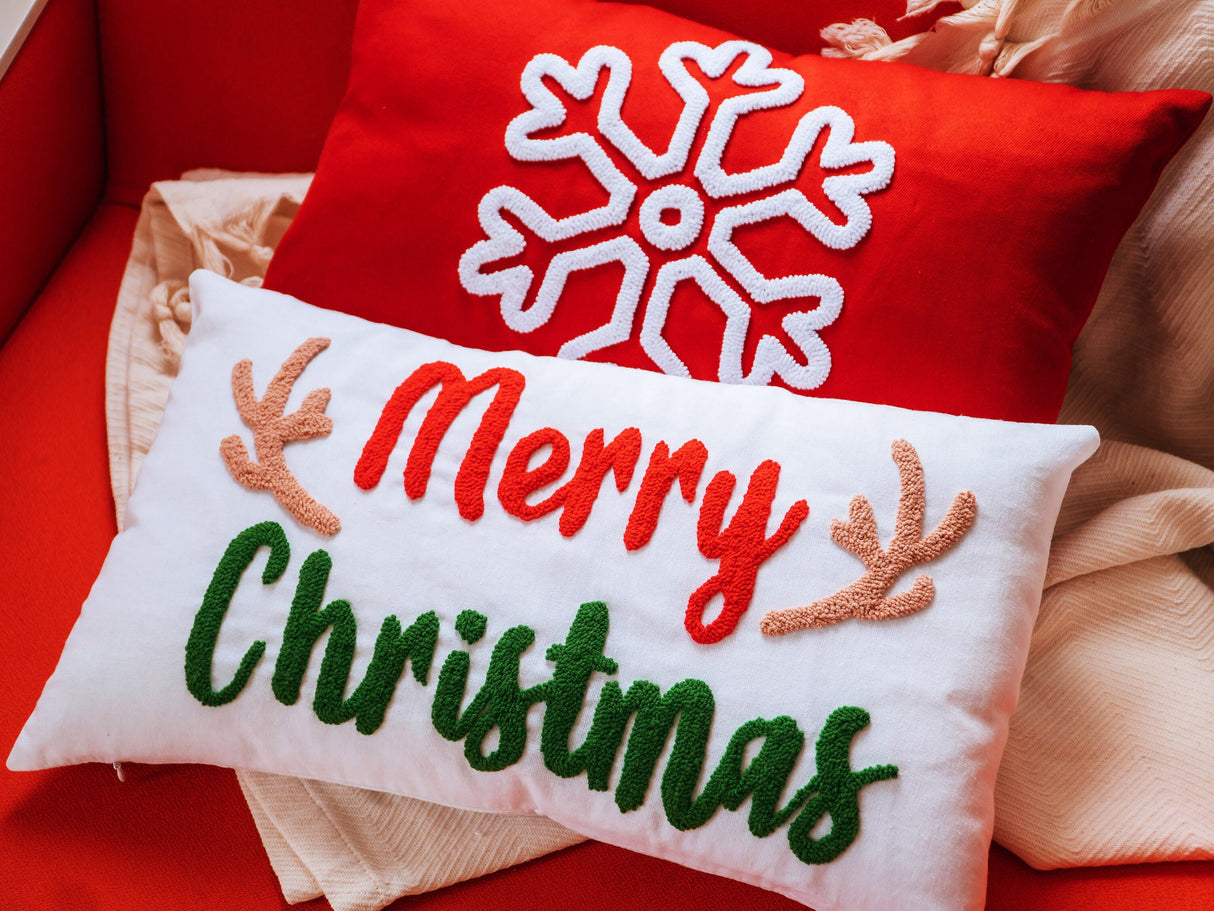 Merry Christmas Antler Pillow, Reindeer Antler Christmas Punch Needle Embroidered Pillow, Farmhouse Decor, Snowflakes, Christmas Decorations - Arria Home