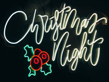 Christmas Night Holly Berry Custom Neon Sign, Battery Operated Christmas Neon Light, Xmas Bar Sign, Chrismtas Eve, Home Wall Decorations - Arria Home