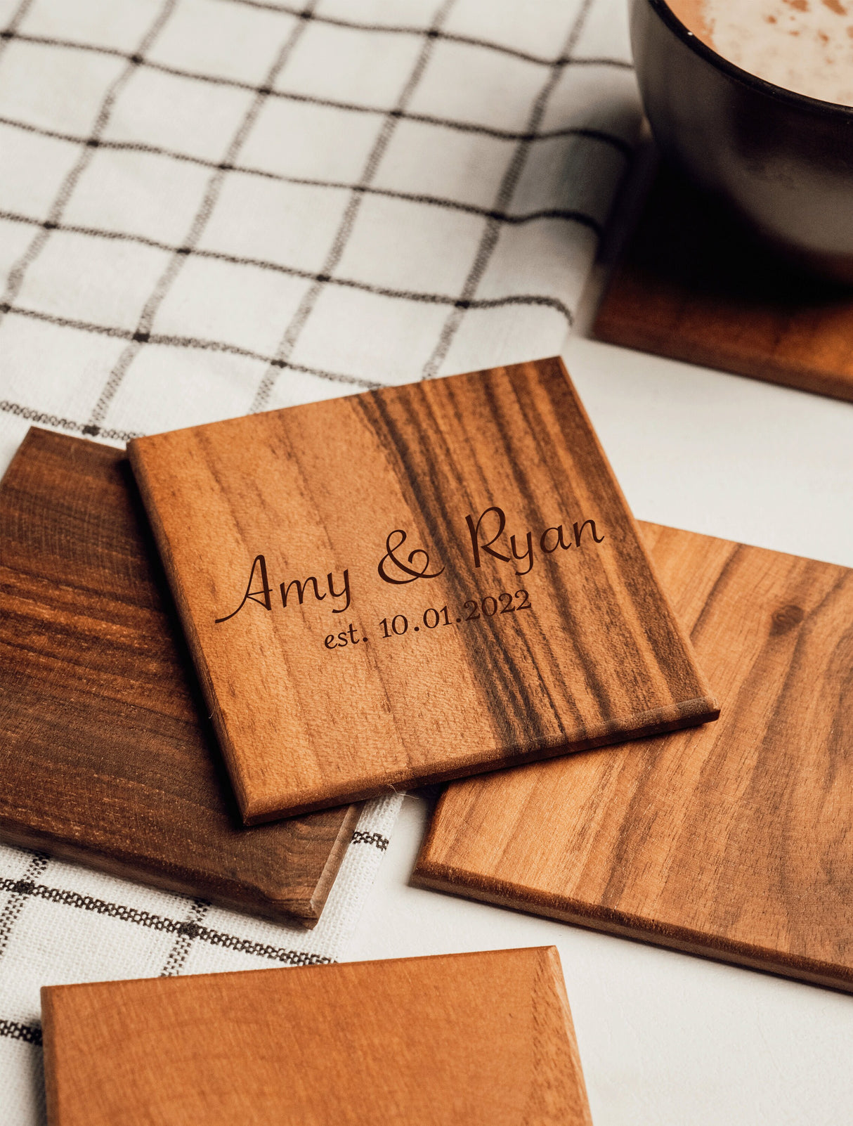 Custom Engraved Wood Coasters, Wedding Favor, Memorabilia Coaster, Couple Coaster Gift, Personalized Coasters, Wood Coasters, Gift for Her - Arria Home