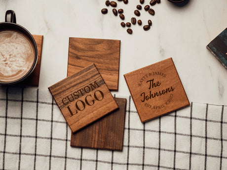 Logo Wooden Coaster, Engraved Wood Coaster, Custom logo Coaster, Walnut Wood Coaster, Business Gift, Corporate Gift, Office Table Decor - Arria Home