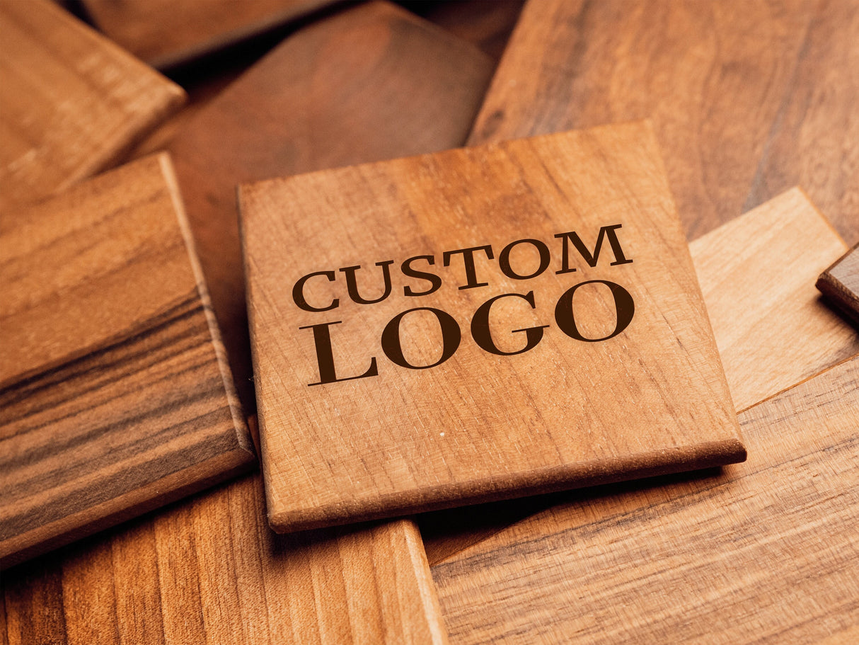 Logo Wooden Coaster, Engraved Wood Coaster, Custom logo Coaster, Walnut Wood Coaster, Business Gift, Corporate Gift, Office Table Decor - Arria Home