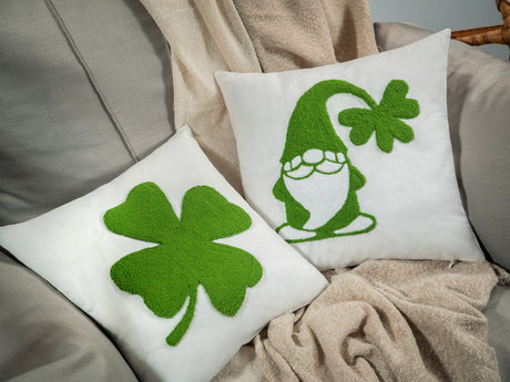 Lucky Shamrock St Patricks Day Embroidered Pillow, Irish Decor, Green Gnome, Leprechaun Hat, Spring Decor, Irish Gift, Four Leaf Clover Gift - Arria Home