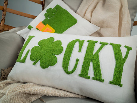 Green St Patricks Day Gnome Embroidered Pillow, Lucky Shamrock Gnome Pillow, Spring Decorations, Punch Needle Embroidery, Irish Decor, Gift.