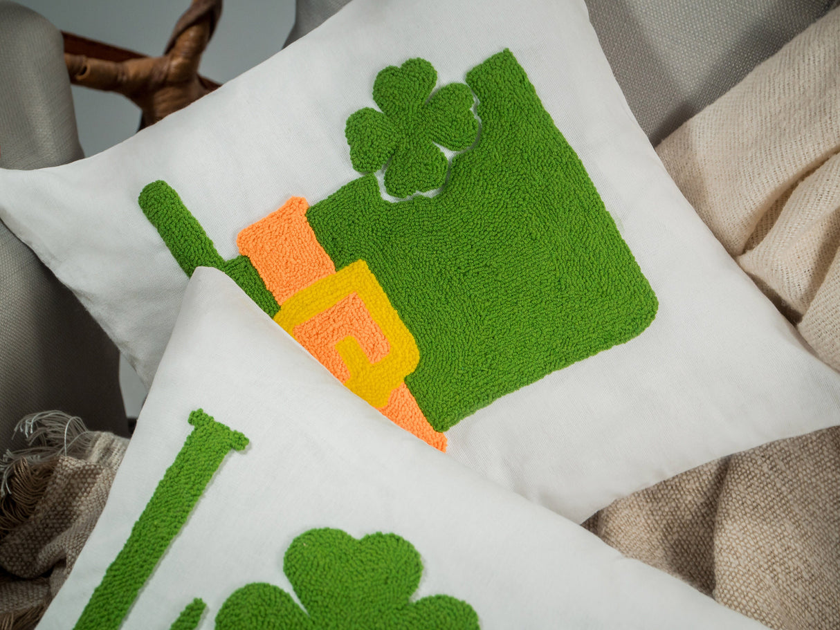 Kiss Me I'm Irish St Patricks Day Punch Needle Pillow, Embroidered Lucky St Patricks Decor, Shamrock Pillow, Drink lover Gift, Bar Decor - Arria Home