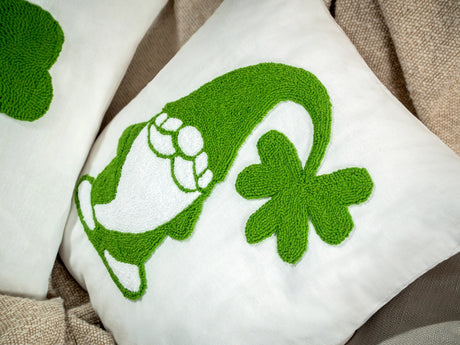 Green St Patricks Day Gnome Embroidered Pillow, Lucky Shamrock Gnome Pillow, Spring Decorations, Punch Needle Embroidery, Irish Decor, Gift.