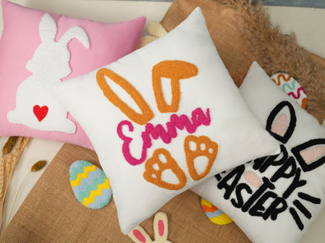 Custom Happy Easter Bunny Tufted Pillow, Easter Decorations, Spring Decorations, Embroidered Bunny, Scavenger Hunt Easter Egg Pillow Gift.