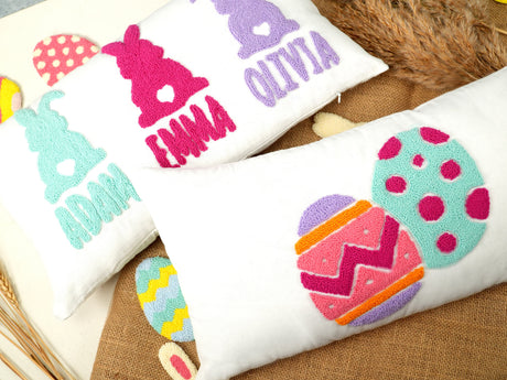 Easter Bunny Embroidery Pillow, Personalize Easter Decorations, Punch Needle Handmade Spring Pillow, Spring Decor Hop Hop Rabbit Pillow Gift - Arria Home