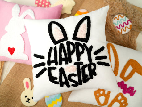 Custom Happy Easter Bunny Tufted Pillow, Easter Decorations, Spring Decorations, Embroidered Bunny, Scavenger Hunt Easter Egg Pillow Gift.